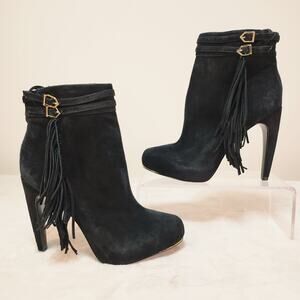 Western Gothic Fringe Booties 7 Whimsigoth Tassel Stiletto Heel Black Suede Gold
